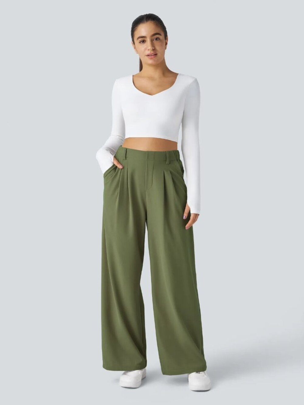 Halara XL Tall Loden Green High Waisted Pocket Wide Leg Waffle Work Pants 50%off